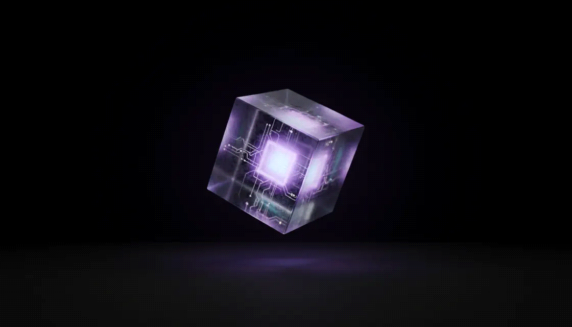 A glowing translucent glass cube gently floating on a black background